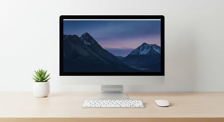 Minimalist workstation with monitor showing abstract neural network visualization and copy space