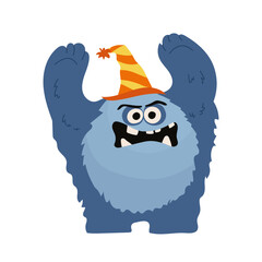 Funny blue fluffy monster in an orange-yellow cap, raised his paws up to scare. Bright cartoon character for children's and Halloween designs, print, decoration. Vector illustraion isolated on white