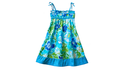 A beautifully designed blue and green floral dress featuring a classic silhouette and an elegant blue bow at the waistline a perfect example of timeless fashion and textile art.