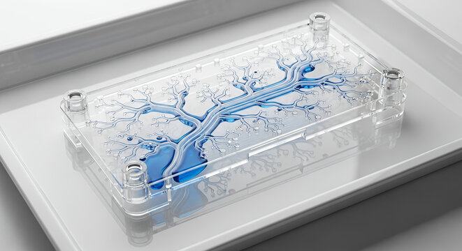 Sterile diagnostic device with microfluidic channels placed on a white tray and copy space