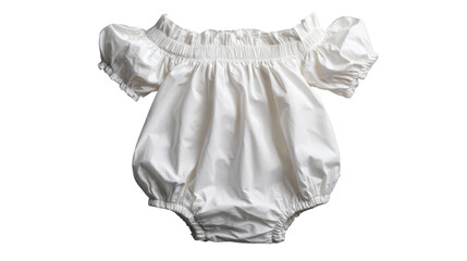 Close up detail shot of a pristine clean white baby romper gently laid out on a soft neutral colored surface showcasing its simple and classic design for infants.