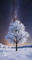 冬の銀河と雪の樹