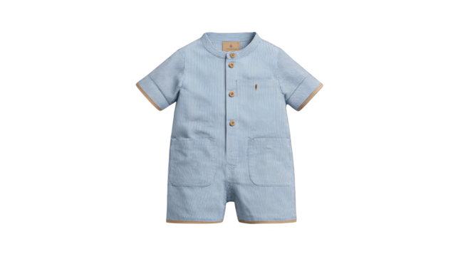 A close up view of a charming baby boy wearing a fashionable blue and white striped one piece romper featuring a distinctive brown collar perfect for a playful and comfortable day.