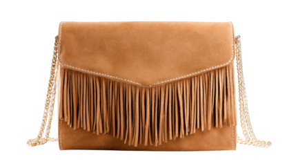 Camel Suede Clutch with Gold Chain and Fringe.
