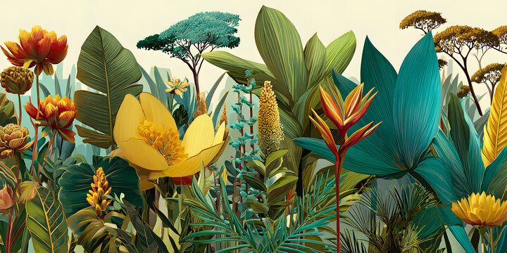 &nbsp;Notanical herbal exotic tropical plants herbs flowers botanical foliage background nature jungle lanfscape. Graphic Art
