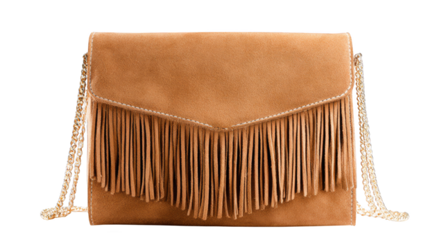 Camel Suede Clutch with Gold Chain and Fringe.