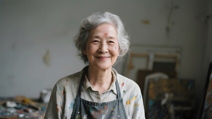 Elderly artist in a paint-splattered apron, smiling warmly in her studio