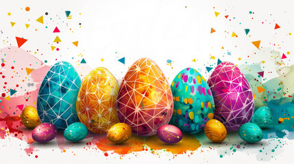 Colorful Easter eggs featuring geometric and dotted patterns, surrounded by confetti and watercolor splashes on a white background. Geometric Easter Eggs with Confetti and Watercolor Background