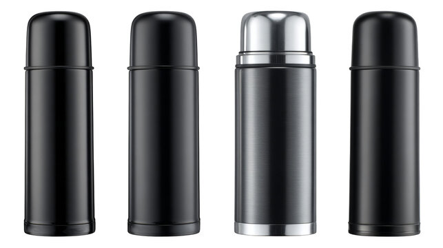 A clean studio photograph showcasing a collection of three insulated beverage containers commonly known as vacuum flasks arranged by size from small to large to demonstrate different capacities.