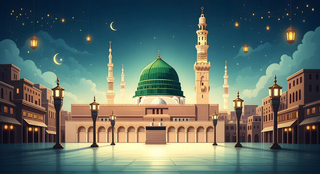Milad un Nabi Maulid or Mawlid al Nabi islamic background banner with Madina mosque holy glowing decorated dome