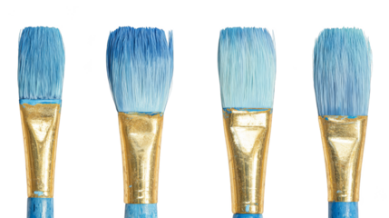 Four's paintbrushes are poised for creation their bristles saturated with a luxurious blend of shimmering metallic gold and deep vibrant cobalt blue paint suggesting an impending artistic endeavor.