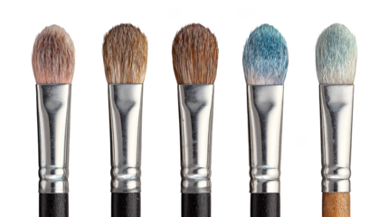 A vibrant and colorful still life composition featuring a collection of five distinct brushes arranged artfully each bristle and handle showcasing a different brilliant hue from the spectrum.
