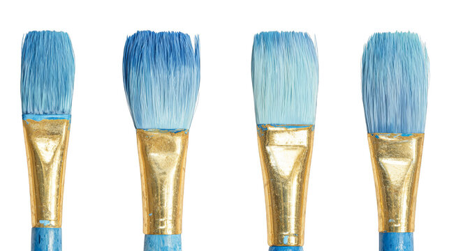 Four's paintbrushes are poised for creation their bristles saturated with a luxurious blend of shimmering metallic gold and deep vibrant cobalt blue paint suggesting an impending artistic endeavor.