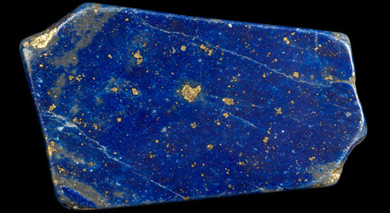 A polished slab of deep blue lapis lazuli, speckled with glittering gold pyrite inclusions, evokes a sense of mystery and luxury, its smooth surface reflecting light and revealing intricate patterns