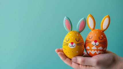 Hand holding two decorated Easter eggs with cute bunny faces and soft pink ears on pastel blue background symbolizing playfulness creativity and joyful spring holiday charm