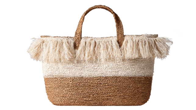 A beautifully handcrafted large straw tote bag with elegant cascading fringes perfect for a sunny day at the beach or a stylish summer outing embodying a chic bohemian aesthetic.
