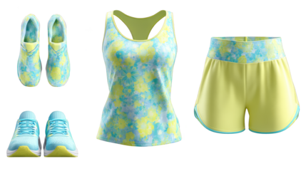 A complete athletic ensemble featuring a comfortable tank top flexible shorts and supportive running shoes perfectly arranged for a workout or training session.