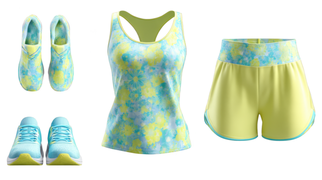 A complete athletic ensemble featuring a comfortable tank top flexible shorts and supportive running shoes perfectly arranged for a workout or training session.