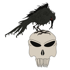 Gothcore. Halloween. Vector horror Dripping Raven on skull isolated transparent. Perfect Halloween poster banner haunting night party flyer cover design. Gothic Raven with drip texture for panic room