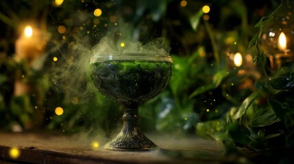 Halloween Party Banner Concept. Alcoholic witch creepy orange cocktail in beautiful glass