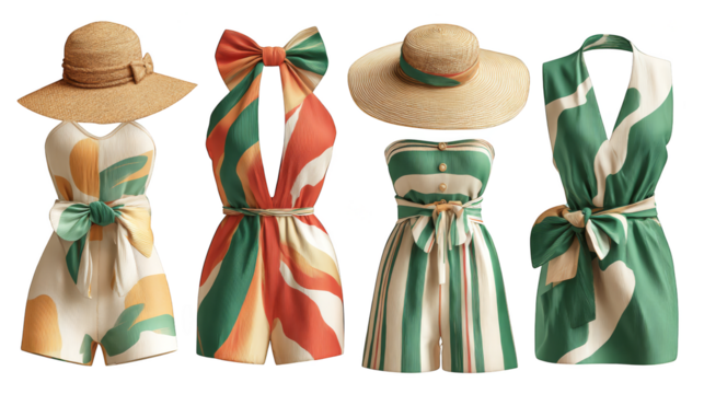 A captivating display of classic fashion featuring three elegant and distinct dresses each beautifully accessorized with a matching hat and a sophisticated tie creating a timeless ensemble.