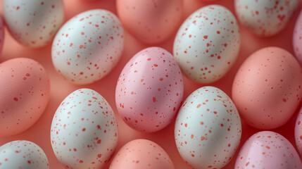 Top view of pastel Easter eggs with red speckles, arranged in a soft pink background. A clean and minimal composition with a light, cheerful holiday vibe.