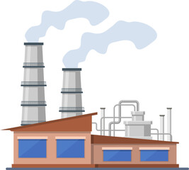 Industrial factory building with two chimneys emitting smoke, polluting the environment, concept of environmental damage and industrial pollution, vector illustration on transparent background