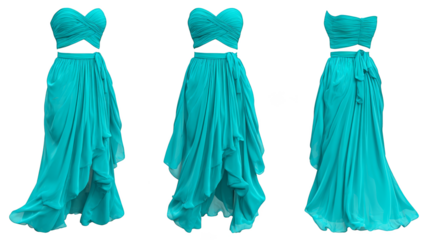 Elegant garment featuring a classic design adorned with a vibrant blue sash and a complementary lush green sash creating a striking and colorful contrast in formal attire.