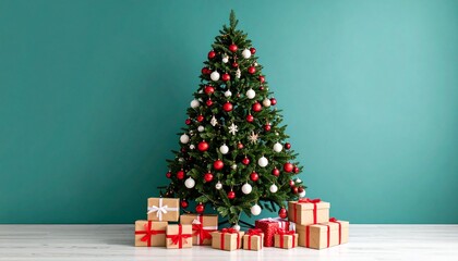 Decorated Christmas tree with red and white ornaments and star topper, surrounded by wrapped gifts on teal background, evoking festive warmth and holiday joy.
