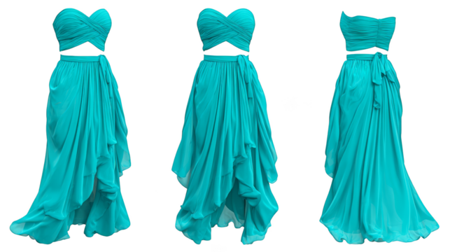 Elegant garment featuring a classic design adorned with a vibrant blue sash and a complementary lush green sash creating a striking and colorful contrast in formal attire.