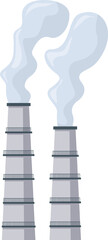Two industrial chimneys are releasing polluting smoke into the atmosphere, representing a concept of environmental damage and industrial pollution