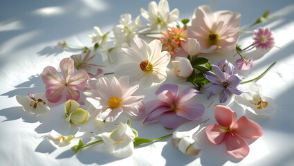 Obraz premium Cinematic flat lay photo of assorted flowers with delicate petals on a pristine white background, captured in soft natural light with gentle shadows, showcasing vibrant colors, textures, and elegant s