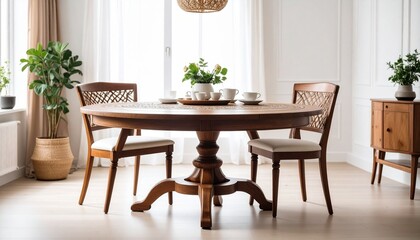 Minimalist dining room with round wooden table, white-cushioned chairs, potted plants, and natural light, evoking calm, elegance, and organic harmony.