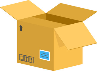 Open cardboard box featuring handling symbols and a shipping label, perfect for showcasing shipping, delivery, and logistics concepts against a transparent background
