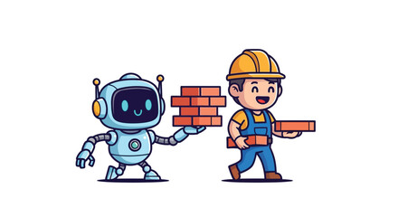 Fototapeta premium Friendly Robot and Construction Worker Collaborating to Build a Structure with Bricks