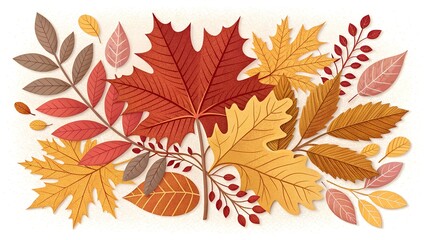 Obraz premium A beautiful and vibrant illustration of an arrangement of various autumn leaves and branches, isolated on a clean white background