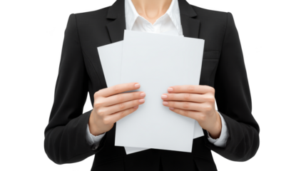 A focused woman stands indoors carefully holding a single piece of white paper in her hands examining its contents under soft natural light streaming from a nearby window.
