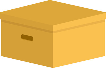 Closed yellow cardboard box with handle positioned slightly angled, ideal for storage, shipping, and e commerce, representing packaging and delivery
