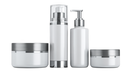 Blank White Cosmetic Bottles and Jars with Silver Lids.