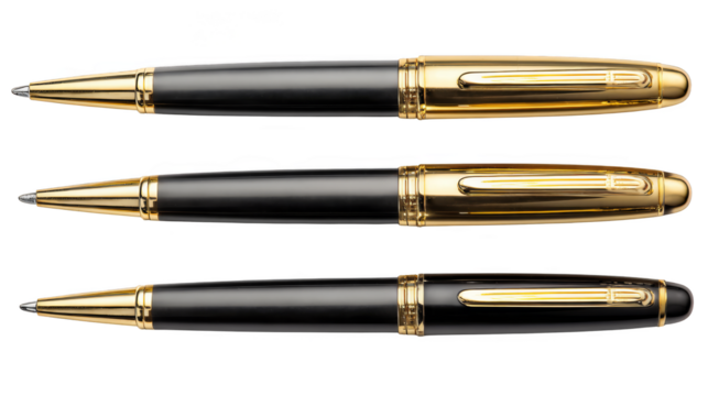 Three identical black and gold pens.