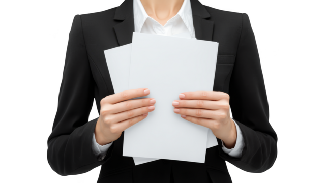 A focused woman stands indoors carefully holding a single piece of white paper in her hands examining its contents under soft natural light streaming from a nearby window.