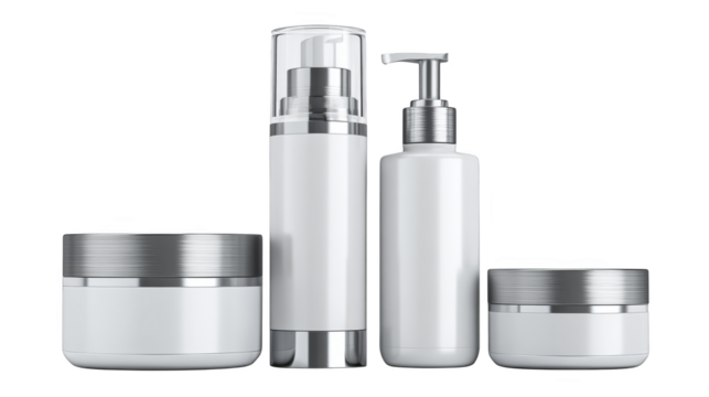 Blank White Cosmetic Bottles and Jars with Silver Lids.
