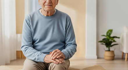 Elderly man with gentle smile and subtle hand tremor