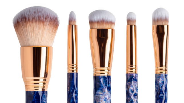 A minimalist composition featuring a series of assorted brushes meticulously arranged in a straight uniform showcasing their varied bristles and handles against a clean backdrop.