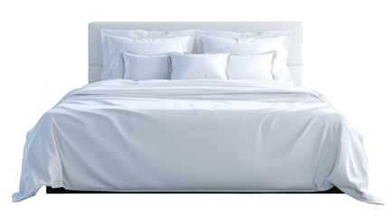 A pristine white bed with three fluffy pillows arranged neatly creating a serene atmosphere in a minimalist bedroom setting with crisp linens suggesting comfort relaxation and sleep.