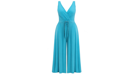 Elegant studio portrait showcasing a sophisticated blue jumpsuit with a dramatic plunging neckline flowing wide leg pants and a cinched waist the epitome of modern eveningwear fashion.