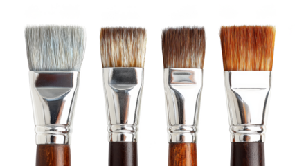 A long straight row of various paint brushes with different bristle types and handle colors arranged neatly side by side on a plain simple background surface for artistic endeavors.