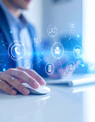 Business Technology Concept: Man Using Computer with Network Connections and Icons