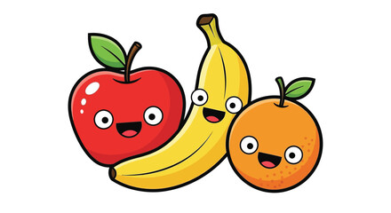 Cute kawaii cartoon apple, banana, and orange characters smiling and looking cheerful together