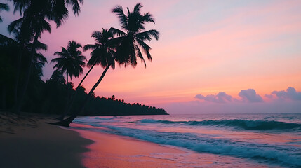 Fototapeta premium A serene beach at sunset, featuring palm trees silhouetted against a colorful sky, with gentle waves lapping at the shore.